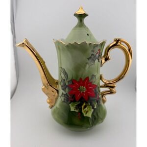 Vintage Lefton Ceramic Teapot Green Poinsettia Holly Gold Trim Festive Holiday